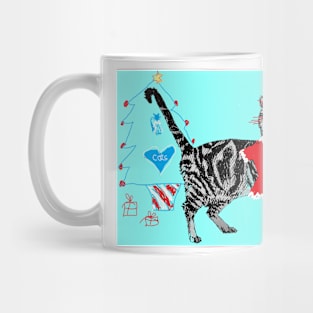 Santa Paws Tabby Cat Christmas Drawing Aqua Blue Mug